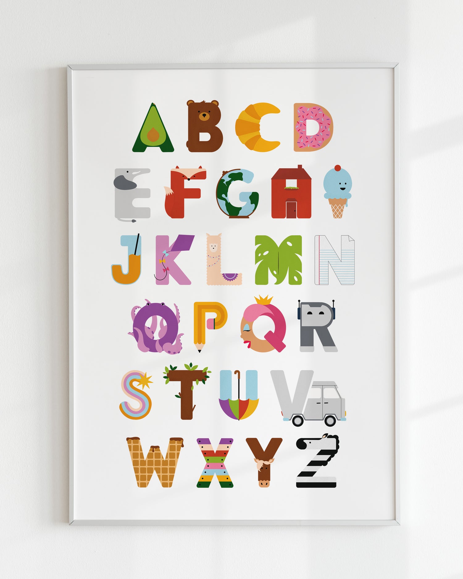 Framed alphabet poster with colorful letters on a white wall