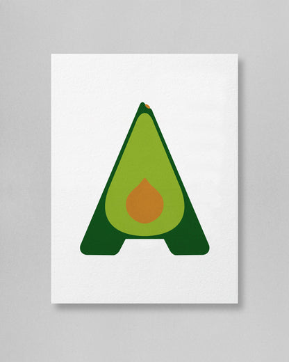 Avocado-shaped letter 'A' with a green body and brown pit on a white background